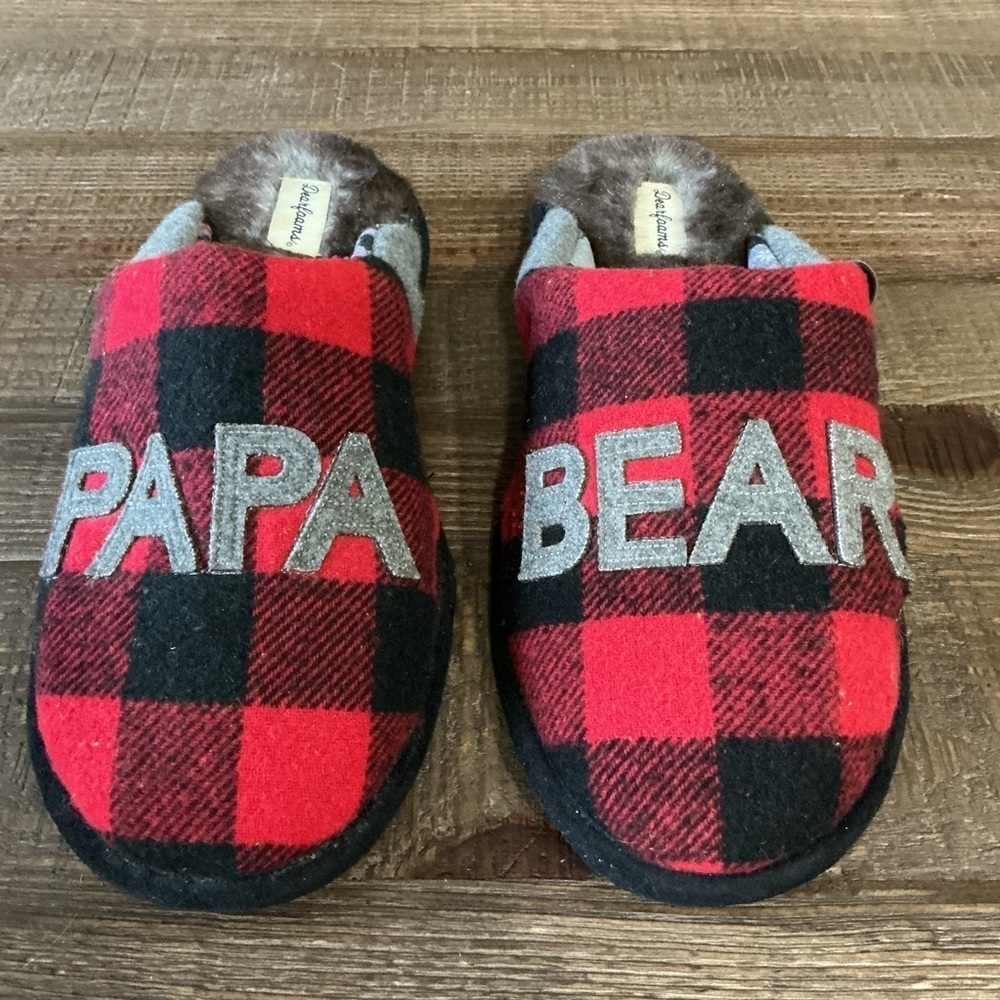 Dearfoams Red Black Plaid Men's Papa Bear Slippers And Kids Lil Bear Slippers